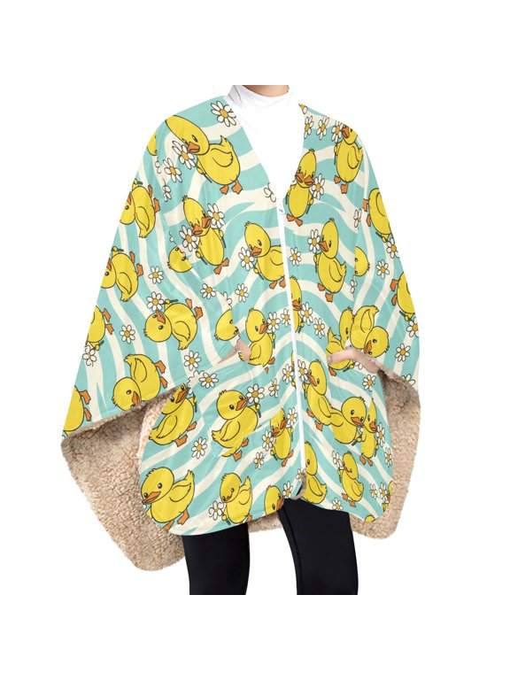 BZSMCE Ducks stripes Daisy Flower Print Wearable Blanket Poncho DoubleLayer Fleece Sherpa Wrap Blanket With Zipper & Pockets Cozy Sleeveless Warm Throw Blanket