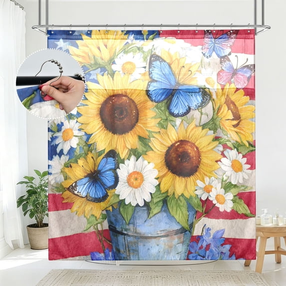 BZSMCE Flag Flower Butterfly Pattern Bathroom Shower Curtain Set with ...