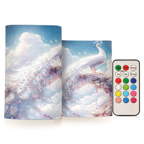 BZSMCE Flameless Candles LED Lights Fantasy White Peacock Printed Creativity Battery Candles