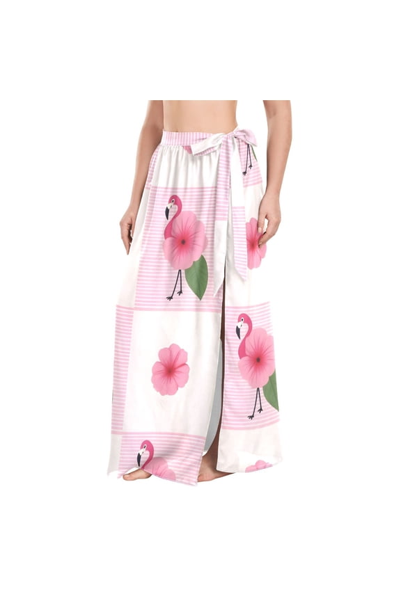 BZSMCE Flamingo Flower Plaid Pattern Maxi Cover-Up Skirt, Lightweight Quick-Dry Fabric