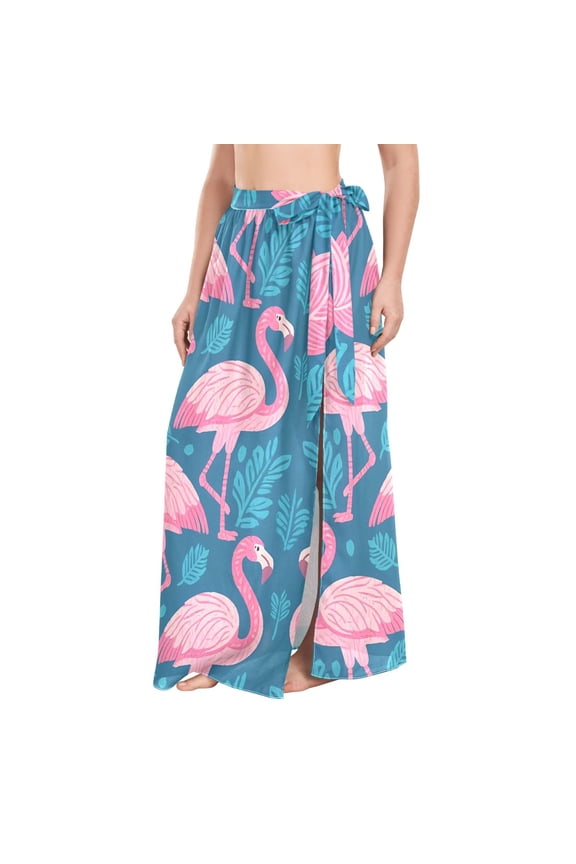 BZSMCE Flamingo Lotus Pattern Maxi Cover-Up Skirt, Lightweight Quick-Dry Fabric