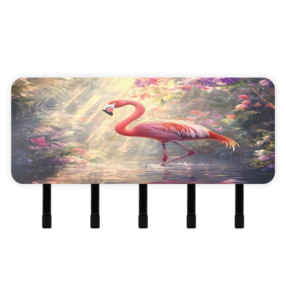 BZSMCE Flamingo Print Mount Hook Rack 5Hook Acrylic ReversePrint Wall Hanger With Hidden Storage Compartment