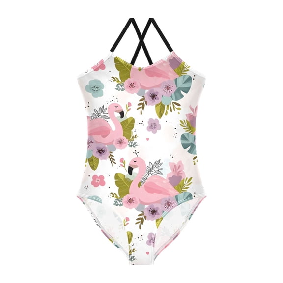 BZSMCE Flamingo Surrounded by Flower Pattern For One-Piece Swimsuit with Crisscross StrapsFlamingo Surrounded By Flower Pattern