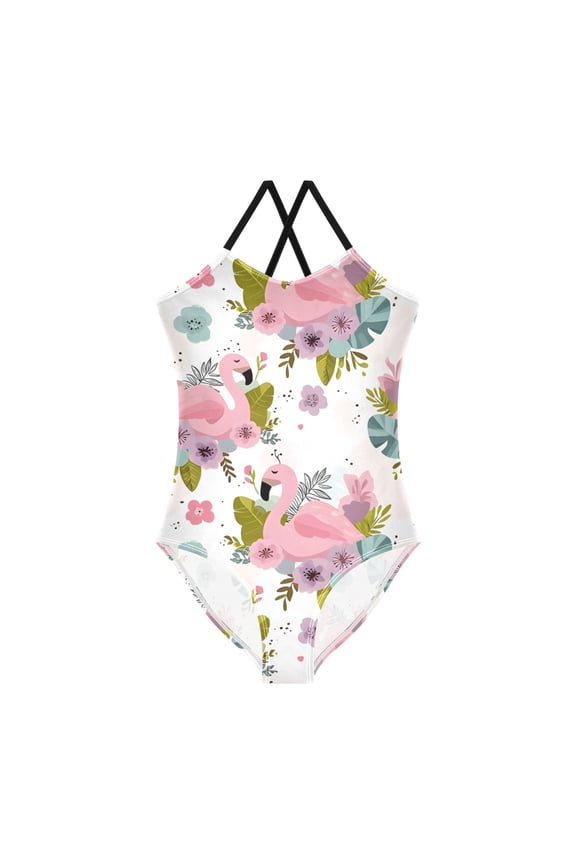 BZSMCE Flamingo Surrounded by Flower Pattern For One-Piece Swimsuit with Crisscross StrapsFlamingo Surrounded By Flower Pattern