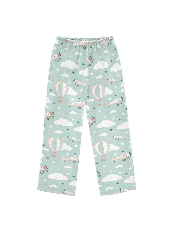 BZSMCE Flannel Pajama Pants Airplane Clouds Hot Air Balloon Pattern Print Loose Sleep Pants Soft Double Fleece Warm Loungewear with Elastic Waist & Side Pockets S-XL
