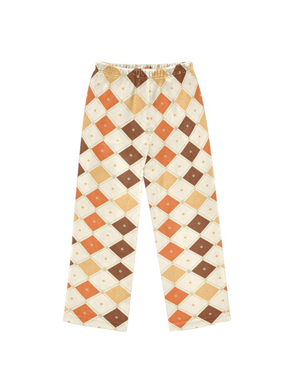 BZSMCE Flannel Pajama Pants Brown Orange Argyle Pattern Print Loose Sleep Pants Soft Double Fleece Warm Loungewear with Elastic Waist & Side Pockets S-XL