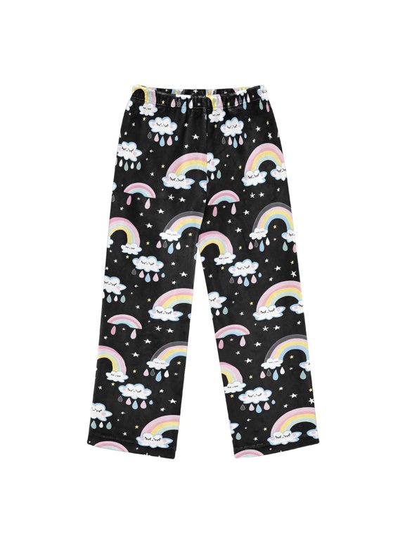 BZSMCE Flannel Pajama Pants Cloud Rainbow Pattern Print Loose Sleep Pants Soft Double Fleece Warm Loungewear with Elastic Waist & Side Pockets S-XL