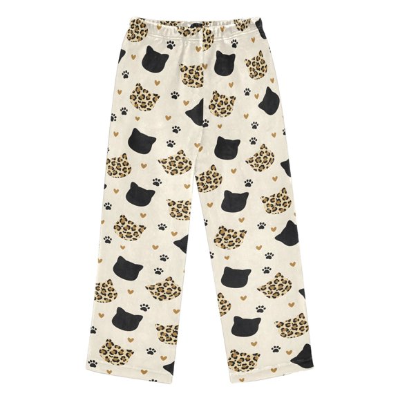 BZSMCE Flannel Pajama Pants Leopard Print Cat Print Loose Sleep Pants Soft Double Fleece Warm Loungewear with Elastic Waist & Side Pockets S-XL