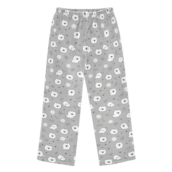 BZSMCE Flannel Pajama Pants Little Dog Daisy Pattern Print Loose Sleep Pants Soft Double Fleece Warm Loungewear with Elastic Waist & Side Pockets S-XL