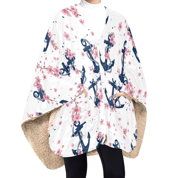 BZSMCE Flower Boat Anchor Pattern Panda and White Cloud Pattern Print Wearable Blanket Poncho DoubleLayer Fleece Sherpa Wrap Blanket With Zipper & Pockets Cozy Sleeveless Warm Throw Blanket