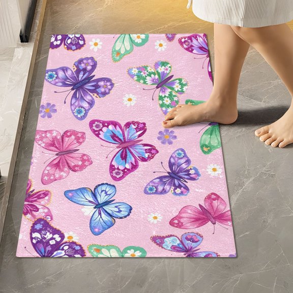 BZSMCE Flower Butterfies Pattern Pattern 2-Piece Non-Slip Absorbent Bathroom Rug Set, Soft Bath Mat & Toilet Rug