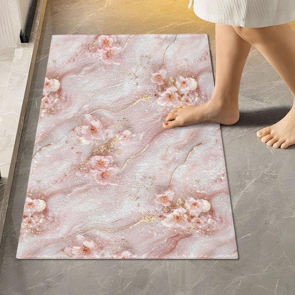 BZSMCE Flower Pink Marble Pattern 2-Piece Non-Slip Absorbent Bathroom Rug Set, Soft Bath Mat & Toilet Rug
