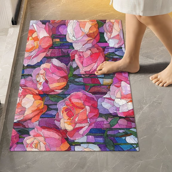 BZSMCE Flower Tile Red Glass Pattern Pattern 2-Piece Non-Slip Absorbent Bathroom Rug Set, Soft Bath Mat & Toilet Rug