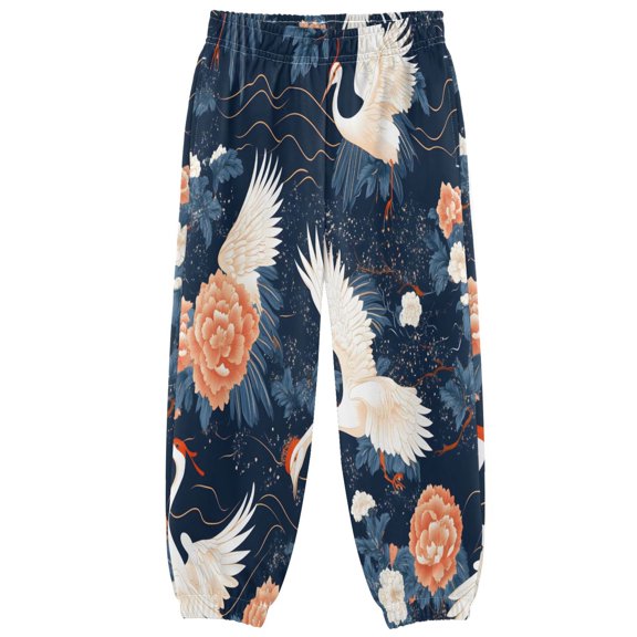 BZSMCE Flowers White Bird Print Elastic Waist Jogger Pants Lightweight Wind Resistant Casual Athletic Trousers with Cuffed Ankles & Side Pockets