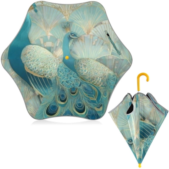 BZSMCE Folding Umbrellas Rain & UV Protection Windproof In Art Deco Peacock Duet Pattern