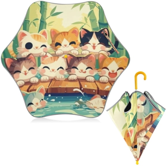 BZSMCE Folding Umbrellas Rain & UV Protection Windproof In Bamboo Edge Cats and Fishes Pattern