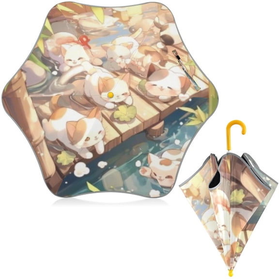 BZSMCE Folding Umbrellas Rain & UV Protection Windproof In Bamboo Stream Cats Float Pattern