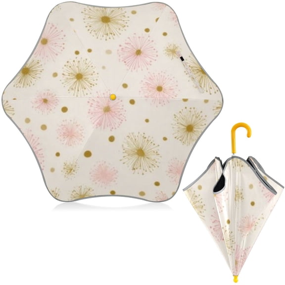 BZSMCE Folding Umbrellas Rain & UV Protection Windproof In Beige Floral Gold Pattern