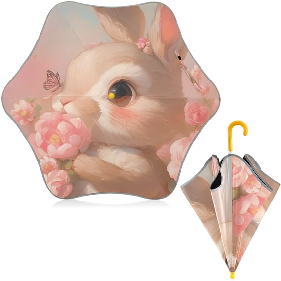 BZSMCE Folding Umbrellas Rain & UV Protection Windproof In Blush Bloom Bunny Pattern