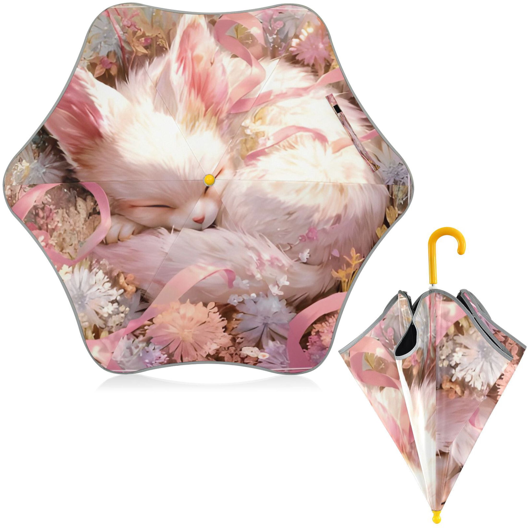 BZSMCE Folding Umbrellas Rain & UV Protection Windproof In Blush Cat’s Floral Nap Pattern
