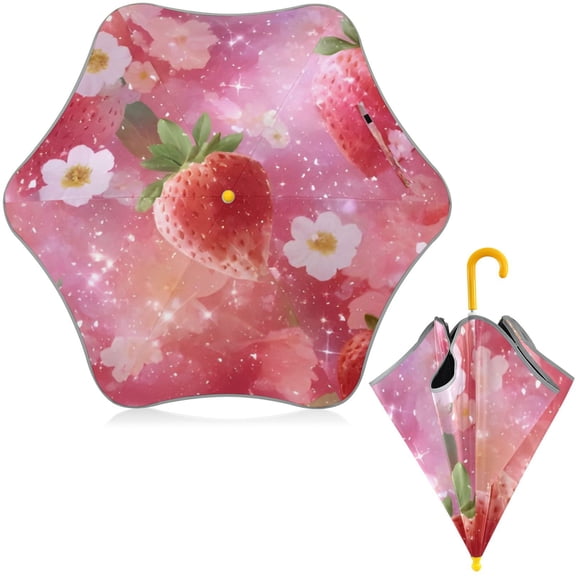 BZSMCE Folding Umbrellas Rain & UV Protection Windproof In Blush Glowing Strawberries Pattern