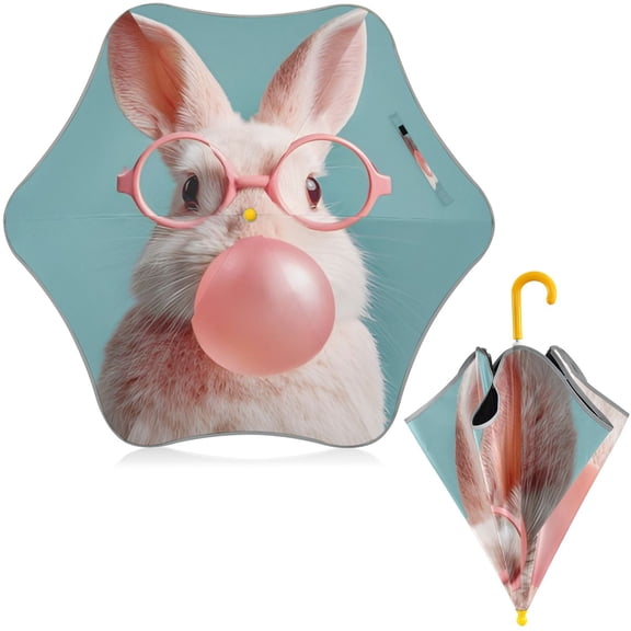 BZSMCE Folding Umbrellas Rain & UV Protection Windproof In Bubblegum Glasses Bunny Pattern