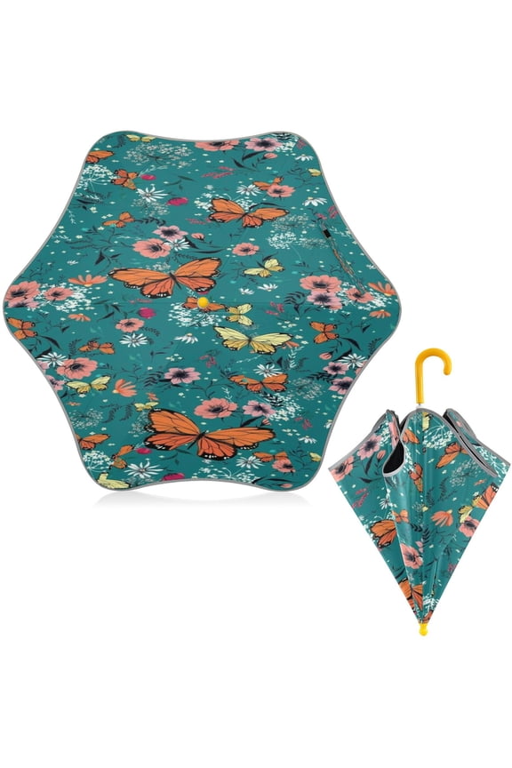 BZSMCE Folding Umbrellas Rain & UV Protection Windproof In Butterfly Garden Carnival Pattern