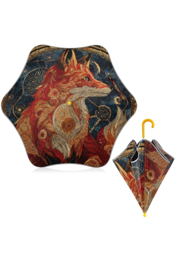 BZSMCE Folding Umbrellas Rain & UV Protection Windproof In Celestial Fox Mystery Pattern