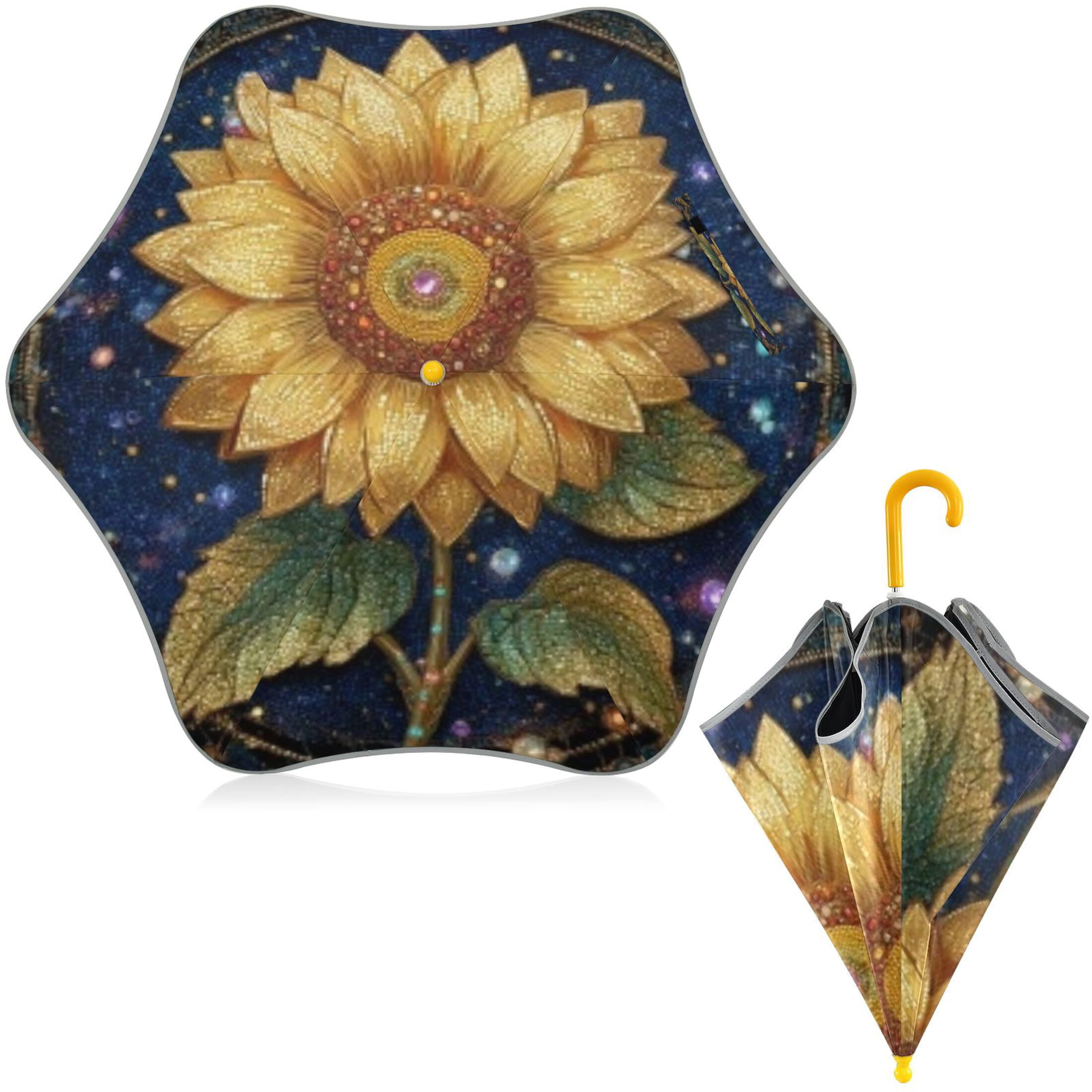 BZSMCE Folding Umbrellas Rain & UV Protection Windproof In Celestial Gilded Sunflower Pattern