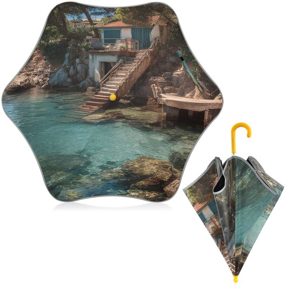 BZSMCE Folding Umbrellas Rain & UV Protection Windproof In Cliff Villa Pattern