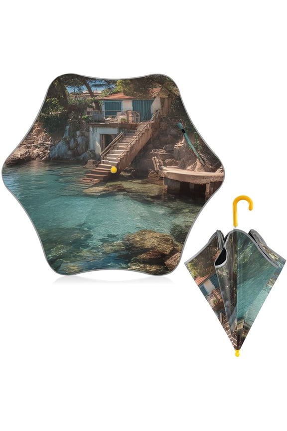 BZSMCE Folding Umbrellas Rain & UV Protection Windproof In Cliff Villa Pattern