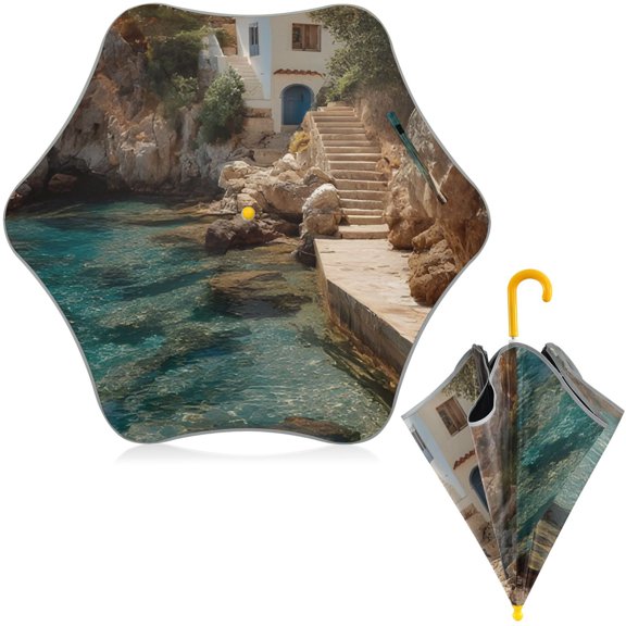 BZSMCE Folding Umbrellas Rain & UV Protection Windproof In Cove Steps Pattern