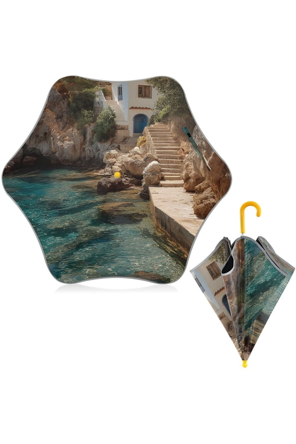 BZSMCE Folding Umbrellas Rain & UV Protection Windproof In Cove Steps Pattern