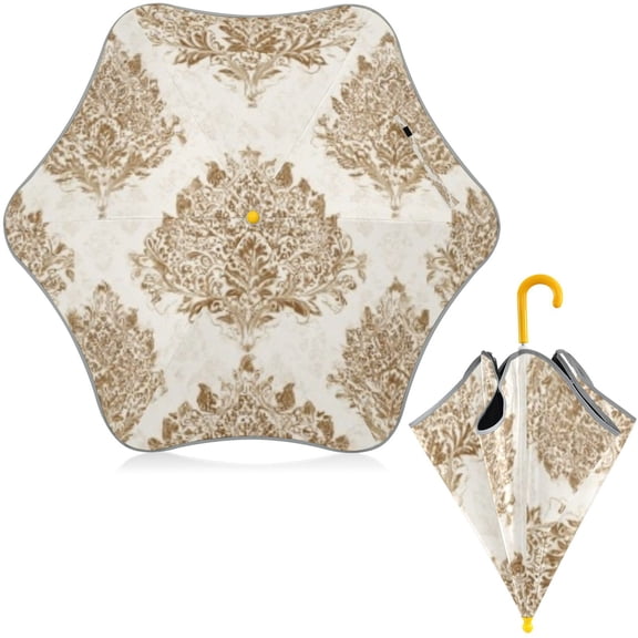 BZSMCE Folding Umbrellas Rain & UV Protection Windproof In Cream Gold Ornate Pattern