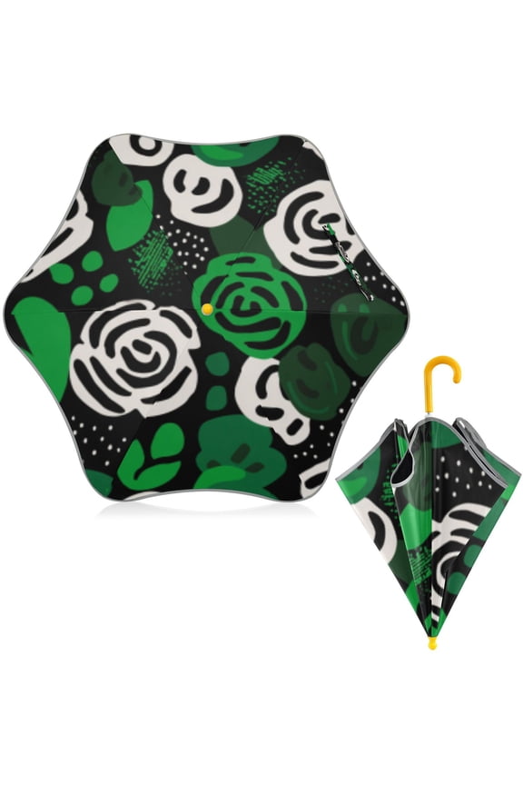 BZSMCE Folding Umbrellas Rain & UV Protection Windproof In Emerald Rose Mosaic Magic Pattern