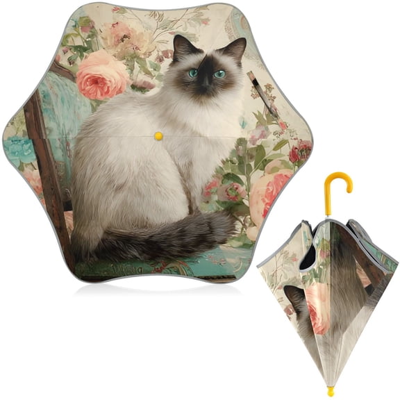 BZSMCE Folding Umbrellas Rain & UV Protection Windproof In Floral Chair Siamese Pattern