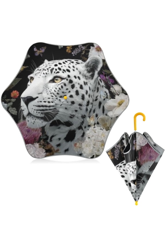 BZSMCE Folding Umbrellas Rain & UV Protection Windproof In Floral Snow Leopard Pattern