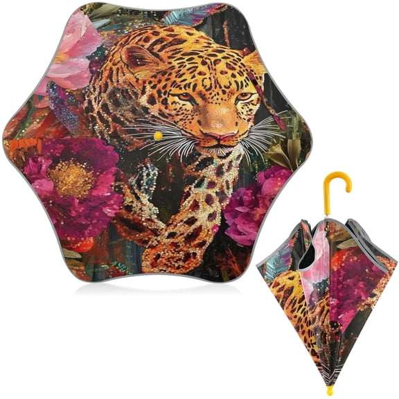 BZSMCE Folding Umbrellas Rain & UV Protection Windproof In Fuchsia Bloom Leopard Pattern