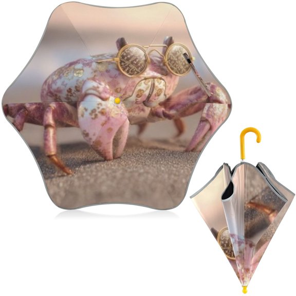 BZSMCE Folding Umbrellas Rain & UV Protection Windproof In Glass Pink Crab Pattern