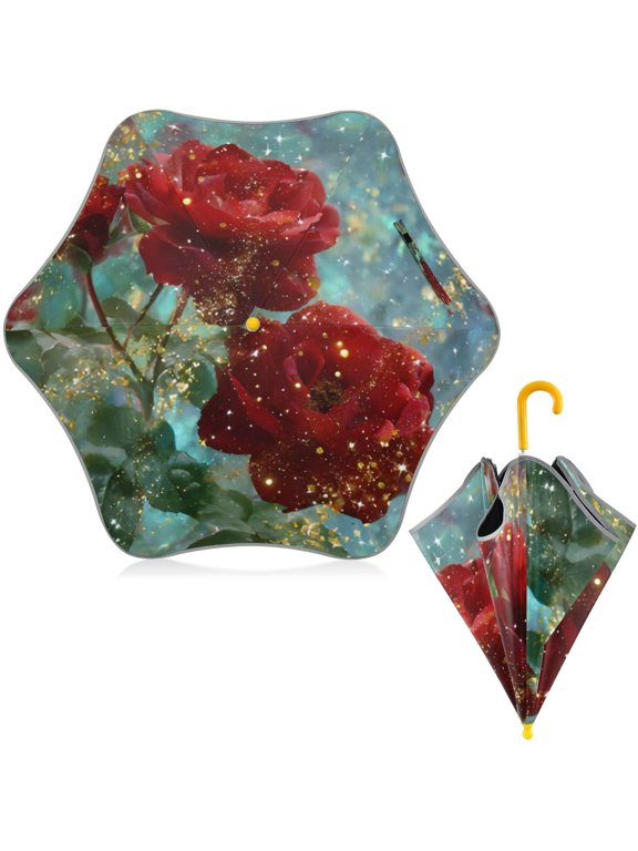 BZSMCE Folding Umbrellas Rain & UV Protection Windproof In Glittered Red Roses Pattern