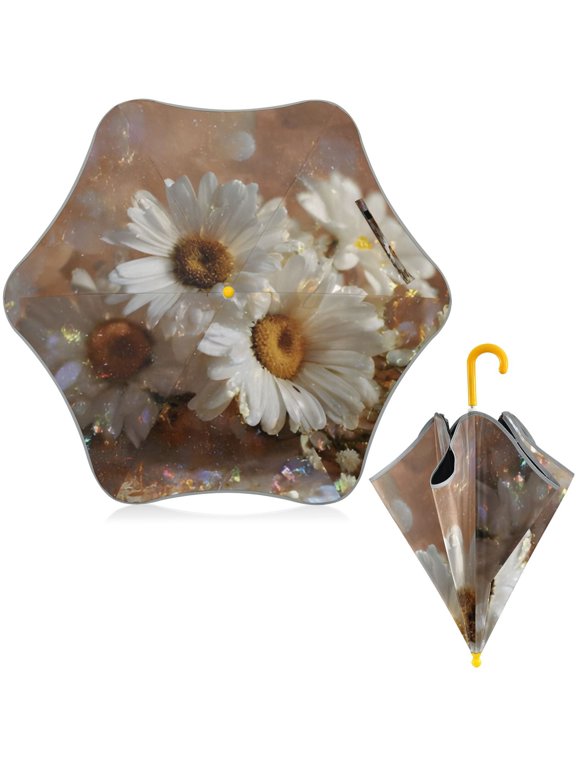 BZSMCE Folding Umbrellas Rain & UV Protection Windproof In Glittery Daisies Pattern