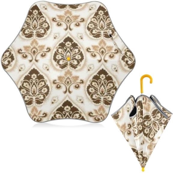 BZSMCE Folding Umbrellas Rain & UV Protection Windproof In Gold Cream Ornate Damask Pattern
