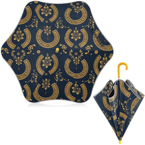 BZSMCE Folding Umbrellas Rain & UV Protection Windproof In Gold Horseshoe Pattern Pattern