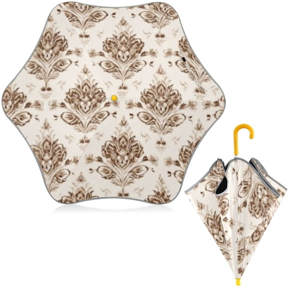 BZSMCE Folding Umbrellas Rain & UV Protection Windproof In Gold Ornate Damask Pattern