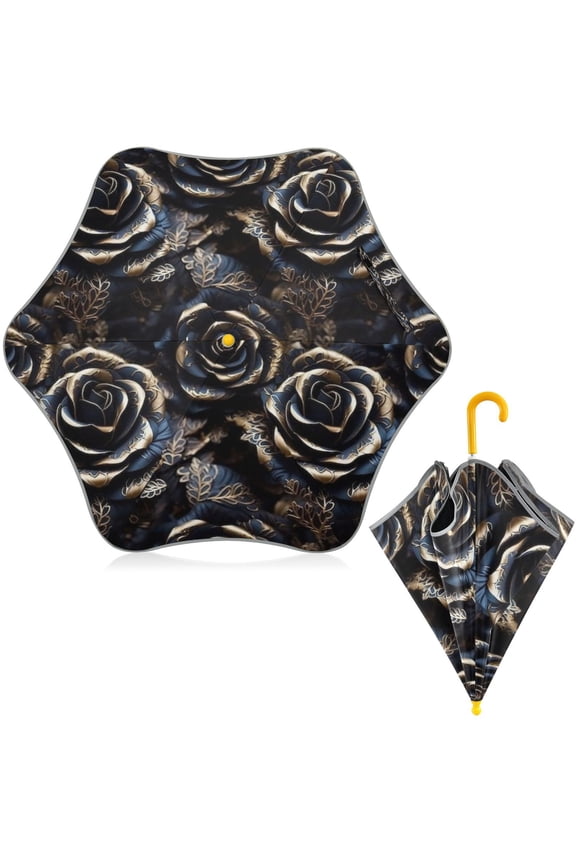 BZSMCE Folding Umbrellas Rain & UV Protection Windproof In Gothic Black Rose Pattern