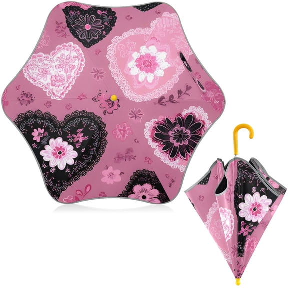 BZSMCE Folding Umbrellas Rain & UV Protection Windproof In Gothic Blush Heart Pattern