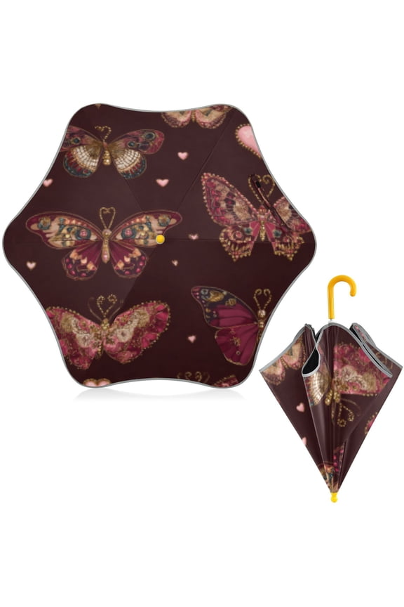 BZSMCE Folding Umbrellas Rain & UV Protection Windproof In Gothic Butterfly Heart Tapestry Pattern