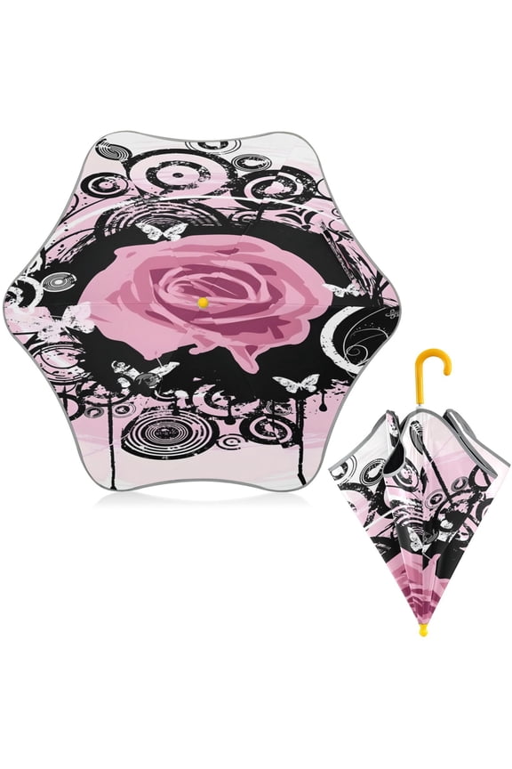 BZSMCE Folding Umbrellas Rain & UV Protection Windproof In Gothic Pink Rose Pattern
