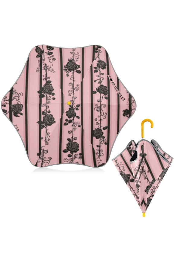 BZSMCE Folding Umbrellas Rain & UV Protection Windproof In Gothic Pink Rose Stripes Pattern