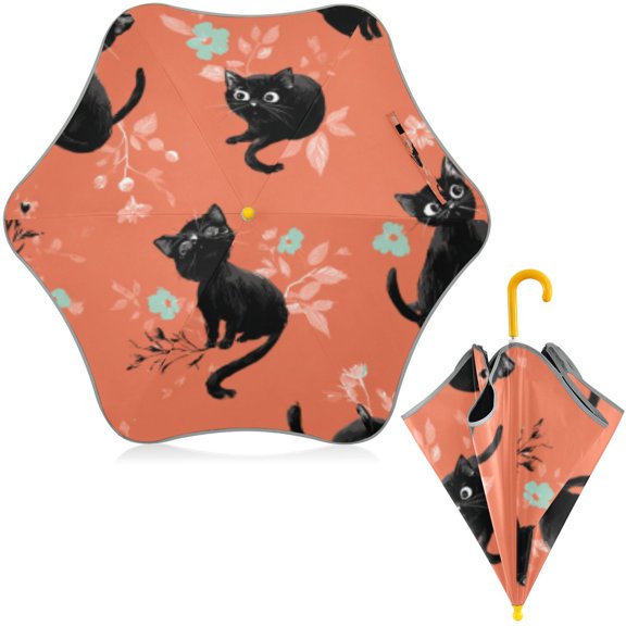 BZSMCE Folding Umbrellas Rain & UV Protection Windproof In Jet Cat Coral Bloom Pattern